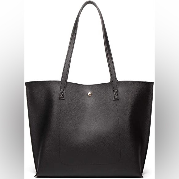 BLACK SOFT FAUX LEATHER TOTE SHOULDER BAG - Picture 5 of 5